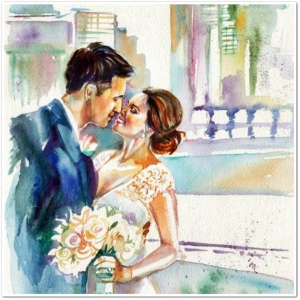 Силуэт на закате акварель