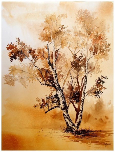 Гризайль акварелью деревья
