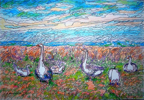 Гусь цветными карандашами