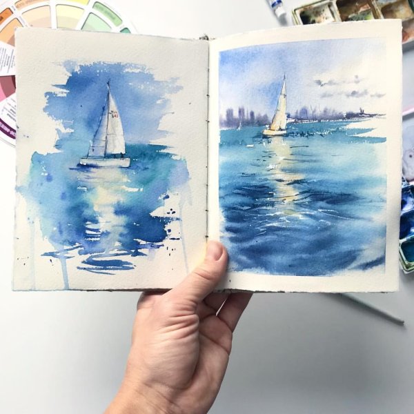 Скетч море акварель