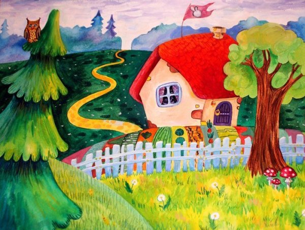 Красками детский деревенский пейзаж
