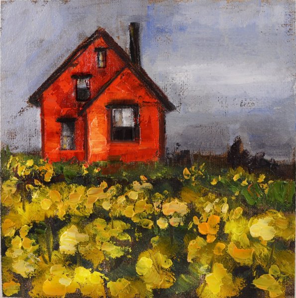 Пейзаж с домиком гуашью