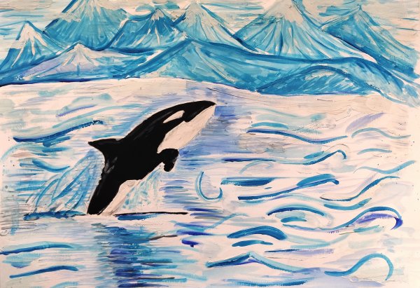 Пейзаж мелками с касатками карандашом