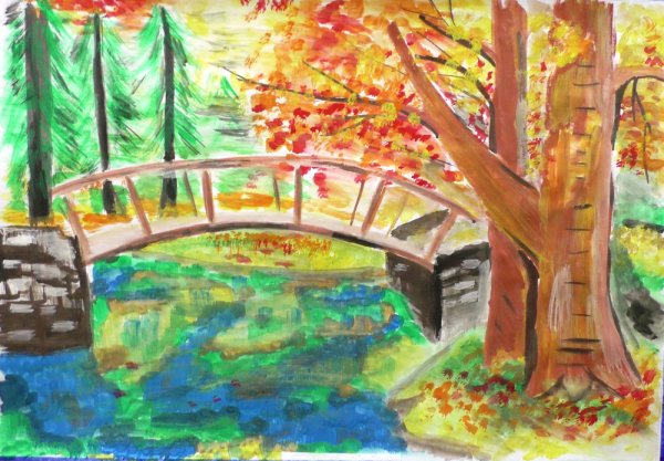 Парк осенью гуашью