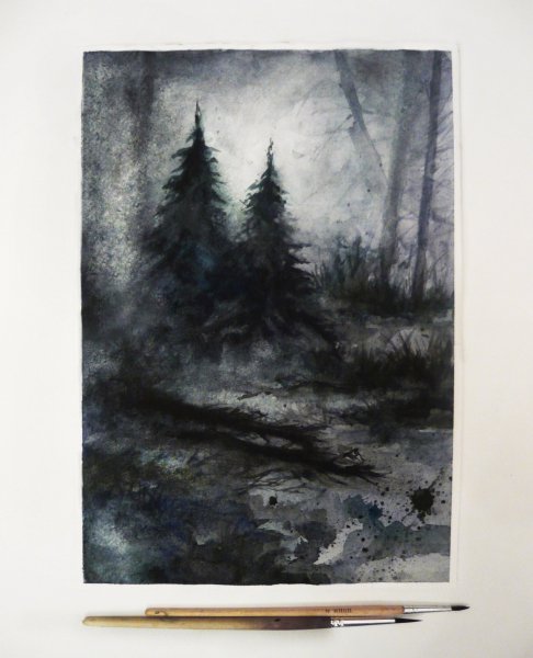 Темный лес акварелью