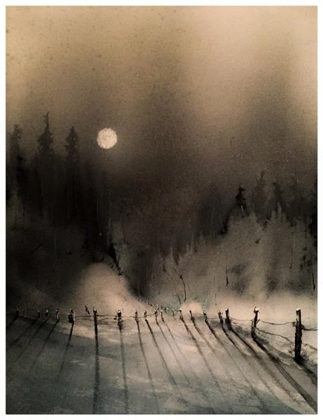 Мрачный пейзаж акварелью