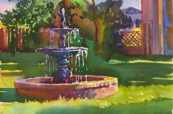 Сад фонтан акварель