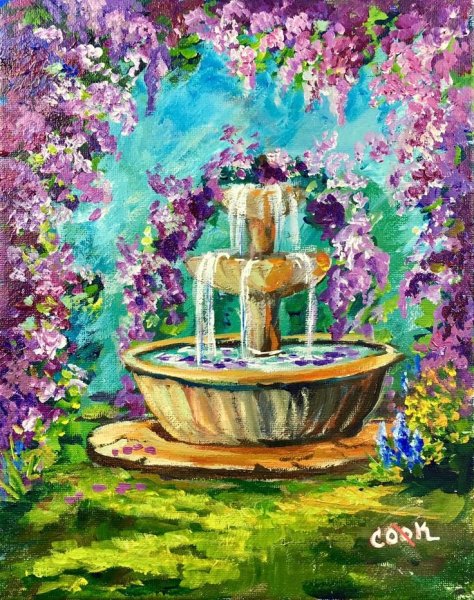 Пейзаж с фонтаном карандашом