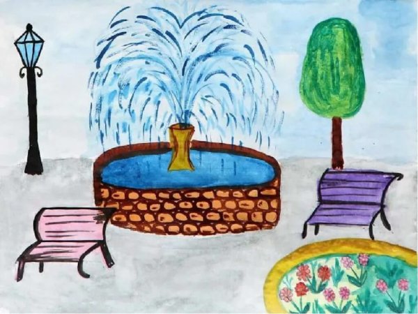 Фонтан рисунок гуашью