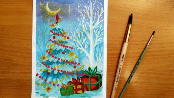 Новогодняя елка красками гуашь