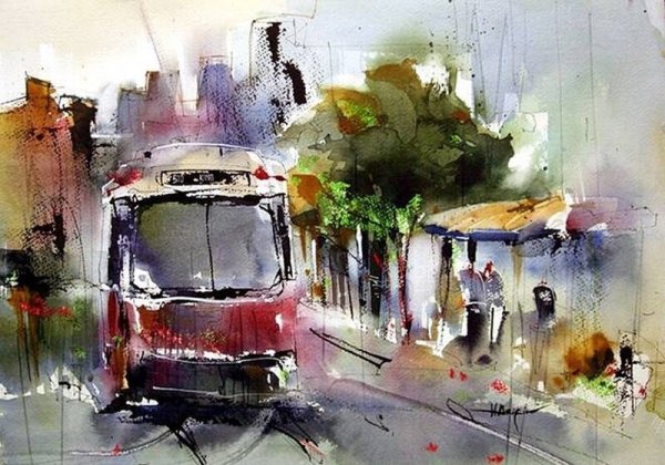 Трамвай акварель