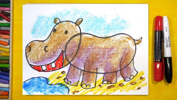 Бегемот красками для детей