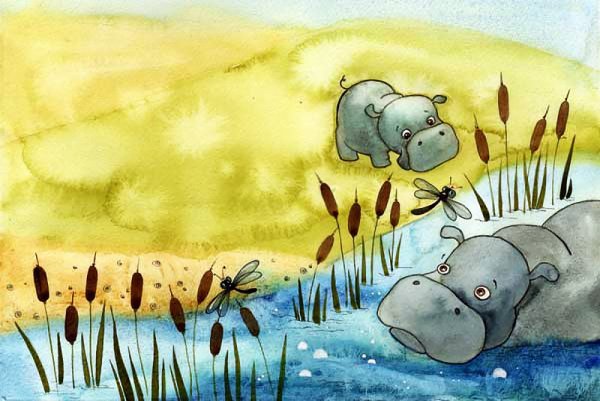 Бегемот акварелью для детей