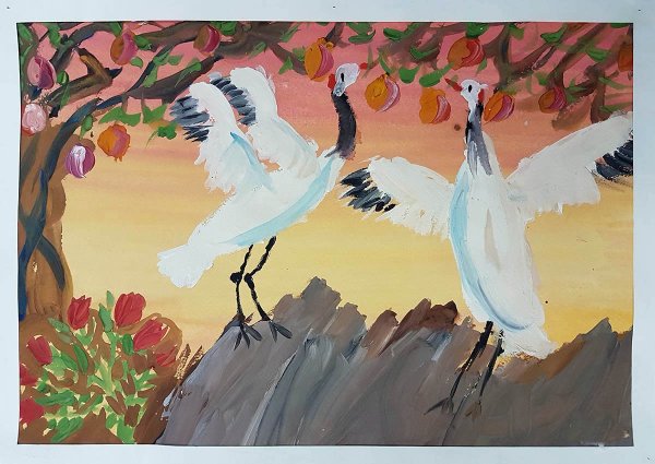 Журавль гуашью