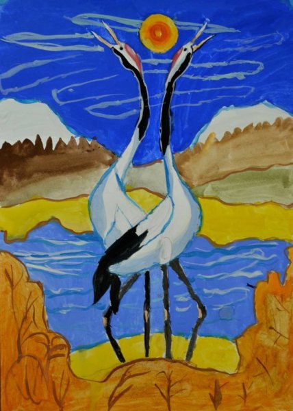 Журавль гуашью