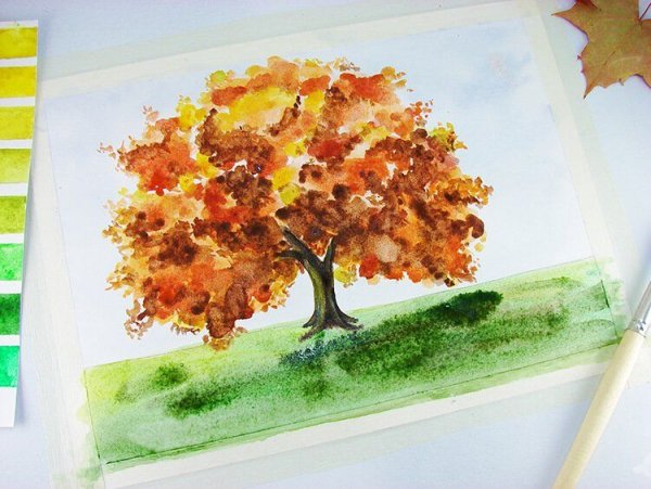 Рисование губкой осеннее дерево