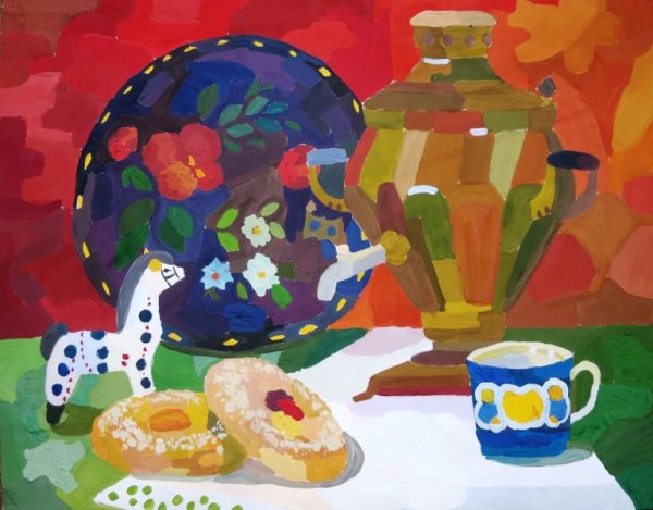 Натюрморт с самоваром гуашью