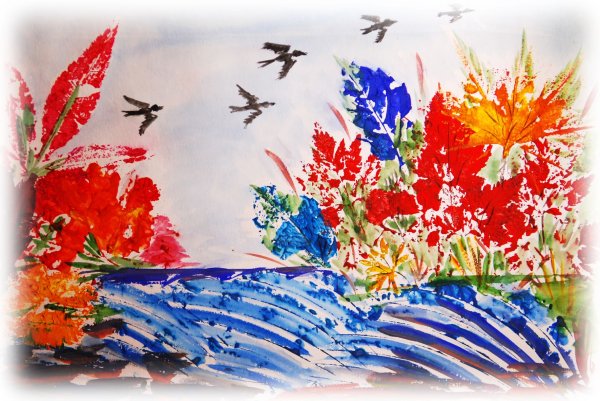 Картина из отпечатков листьев