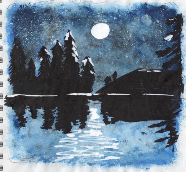 Ночное озеро гуашь