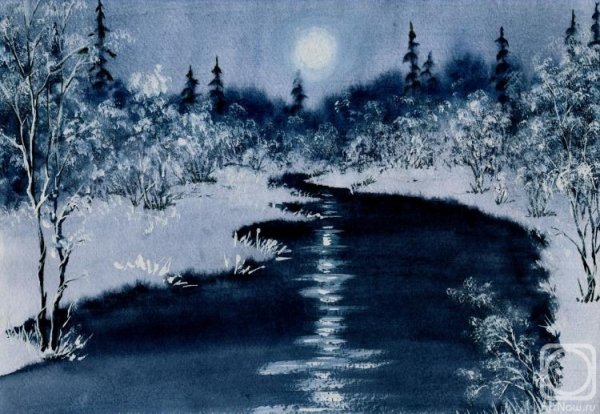 Ночной зимний пейзаж акварелью