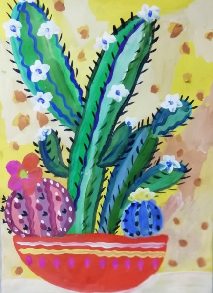 Кактус гуашью для детей
