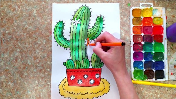 Кактус гуашью для детей