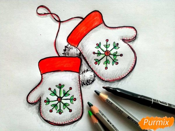 Рисование новогодней варежки