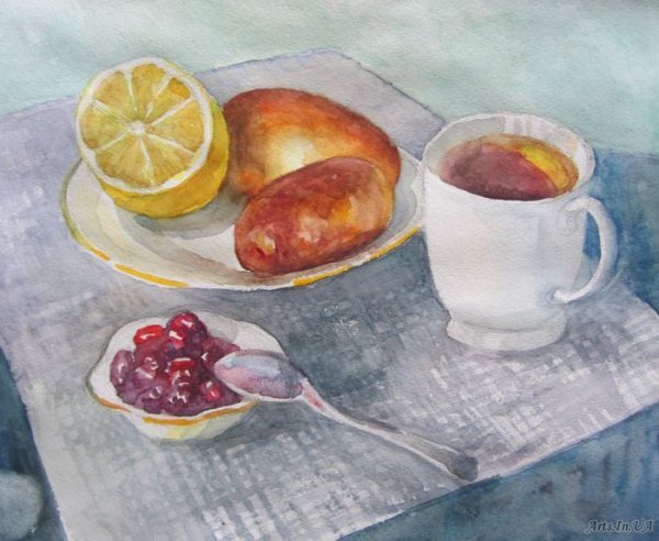 Чайный натюрморт акварелью