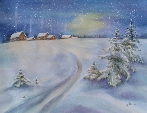 Ночной зимний пейзаж акварелью