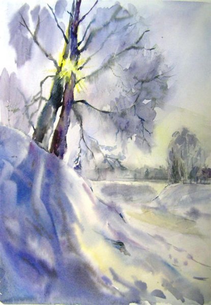 Зимний пейзаж акварелью по мокрому