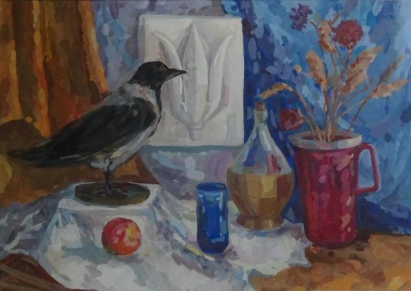 Натюрморт с чучелом птицы живопись