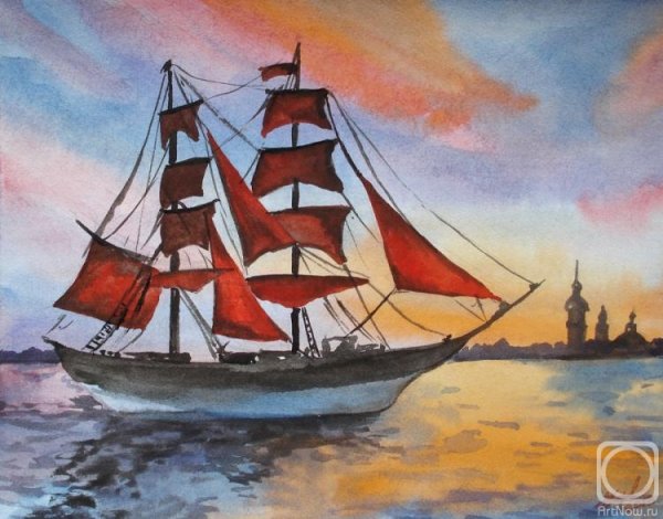 Парусный корабль гуашью