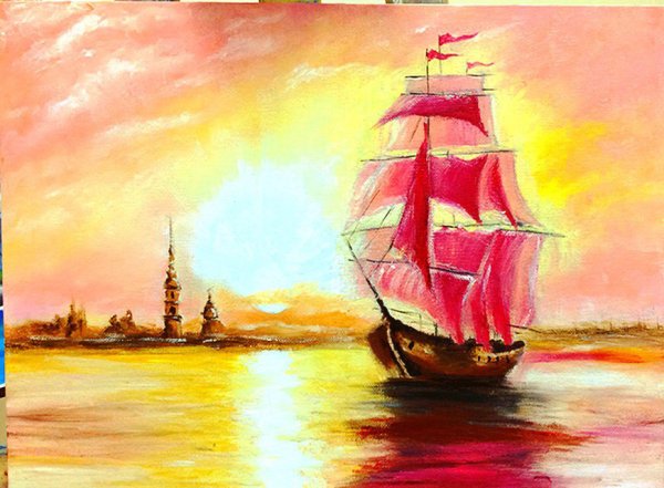 Корабль с алыми парусами акварель