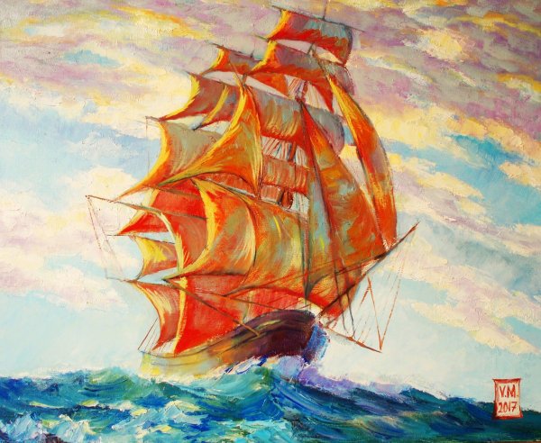 Корабль с парусами гуашью