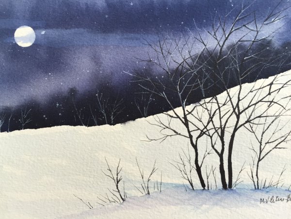 Ночной пейзаж акварелью