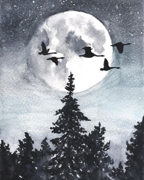 Зимний пейзаж с луной живопись