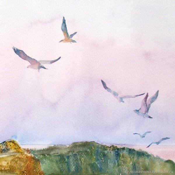 Чайки акварель