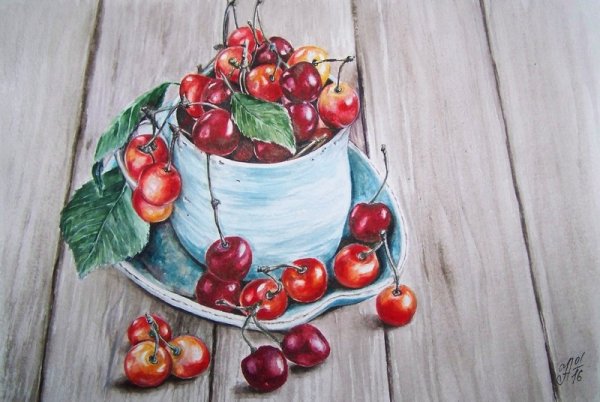 Натюрморт с ягодами фруктами цветными карандашами