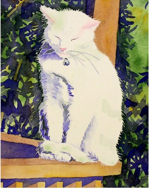 Белая кошка акварелью