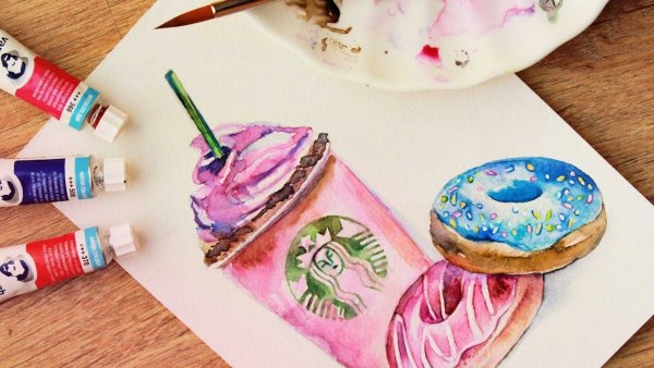 Пончик скетчинг акварелью для начинающих