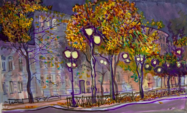 Декоративный городской пейзаж гуашью