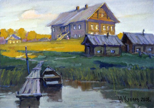 Деревенский пейзаж гуашью