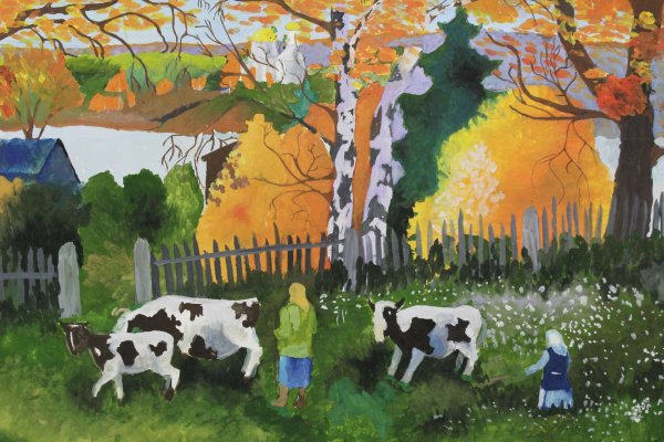 Деревенский пейзаж гуашью