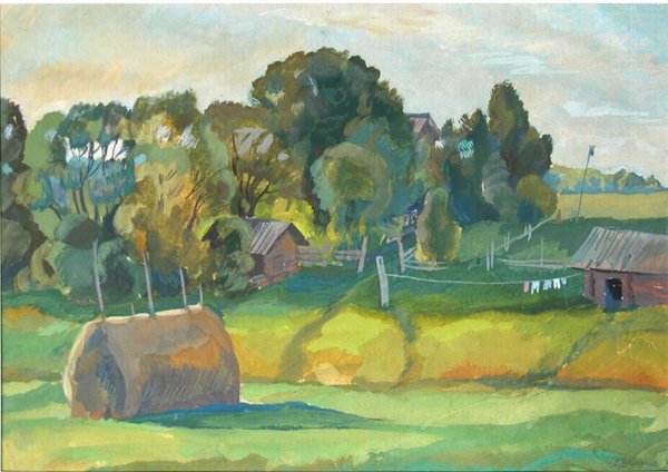 Деревенский пейзаж гуашью