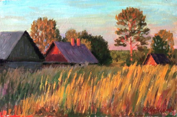 Деревенский пейзаж пастелью