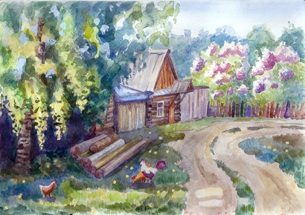 Сельский пейзаж гуашью