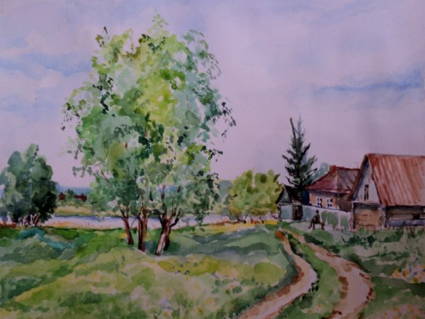 Деревенский пейзаж гуашью