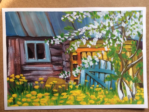 Сельский пейзаж гуашью