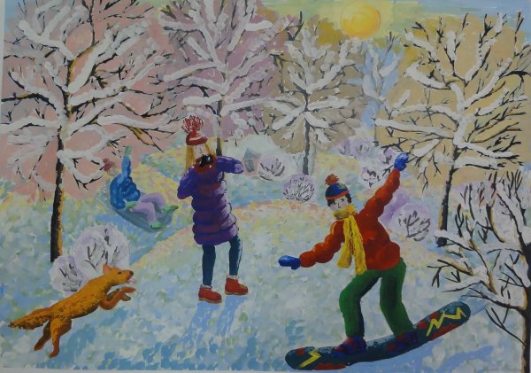 Композиция зимние забавы гуашью
