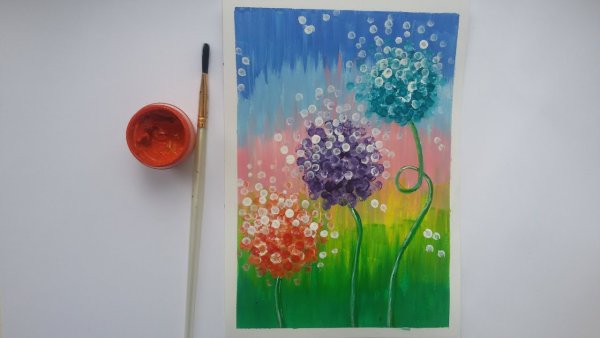 Цветы гуашью ватными палочками